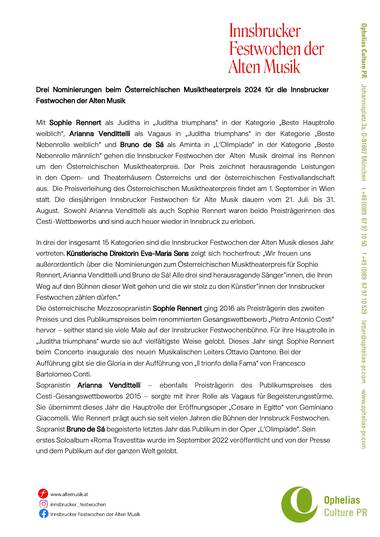 PM Drei Nominierungen für den Österreichischen Musiktheaterpreis